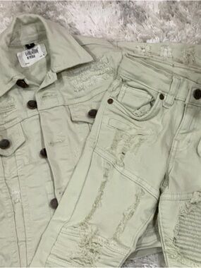 ENGLION Kids' Sage Green Distressed Matching Set - Jacket & Jeans